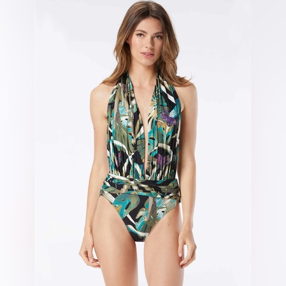 Vince Camuto Halter Plunge One Piece Swimsuit - Rainforest - Picture 1 of 8